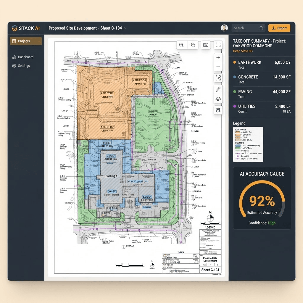 Constimator AI takeoff showing color-coded quantity markups across trades on a plan sheet with an estimated accuracy gauge